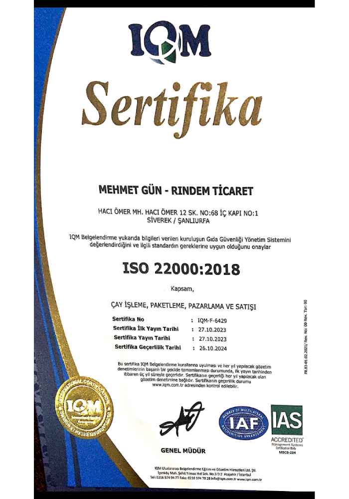 Rındem ISO 22000 Gıda Güvenliği Yönetim Sistemi Sertifikası