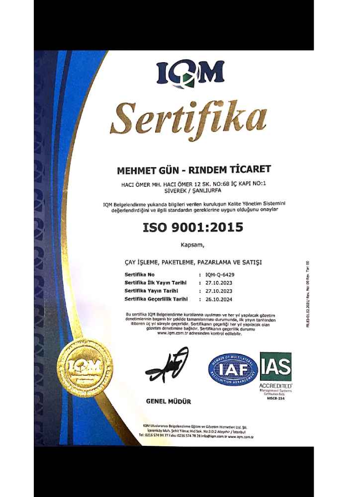 Rındem ISO 9001 Kalite Yönetim Sistemi Sertifikası